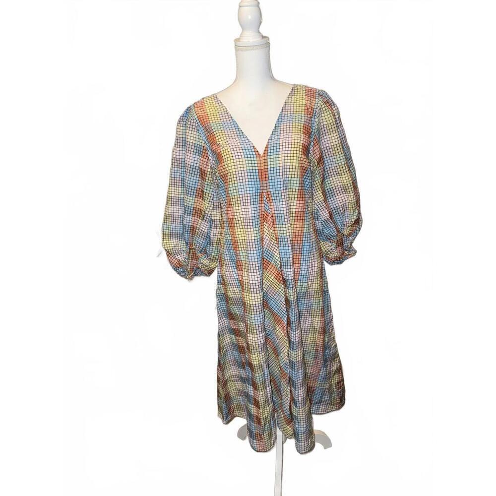 New Ganni Checkered Seersucker Puff-Sleeve Dress